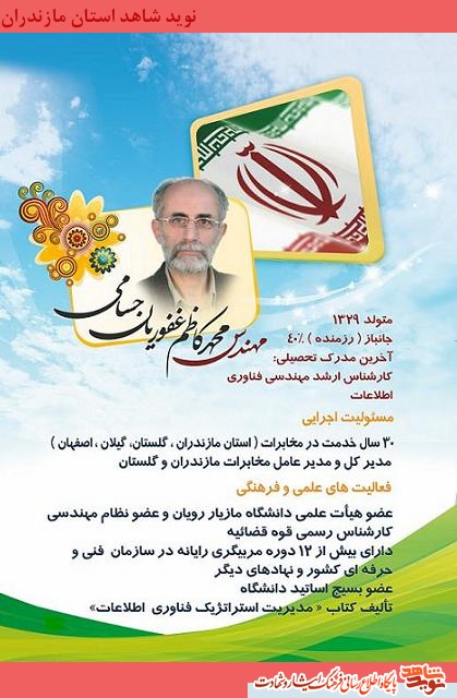 مهندس محمد كاظم غفوريان حسامى؛ كارشناس ارشد مهندسى فناورى اطلاعات(جانباز40درصد) مهندس محمد كاظم غفوريان حسامى؛ كارشناس ارشد مهندسى فناورى اطلاعات(جانباز40درصد)